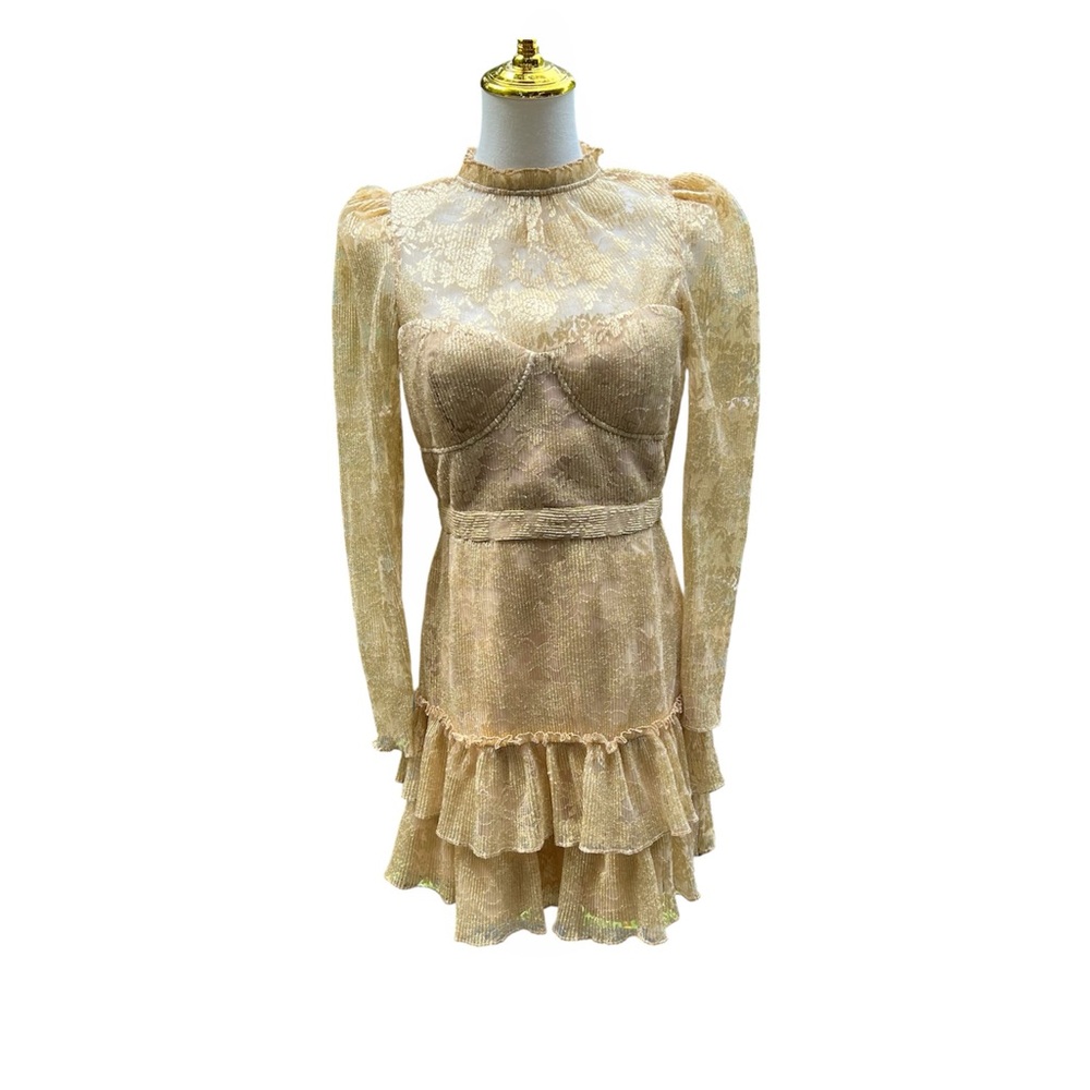 Saylor Dress Adria Gold Ruffled Lace Long Sleeve Mini  Medium Cocktail Formal EC - Picture 2 of 9
